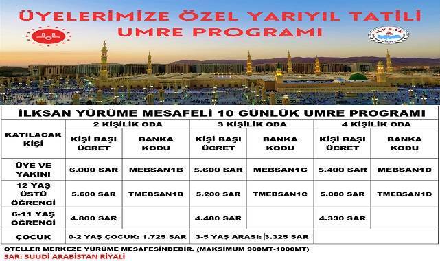 T.C. Milli Eğitim Bakanlığı İLKSAN Genel Müdürlüğü Üye ve Yakınlarına Özel Yarıyıl Tatili Umre Programı Başvuruları Başladı.
