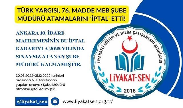 İdari yargı, 76. Madde MEB Şube Müdürü Atamalarını İptal Etti