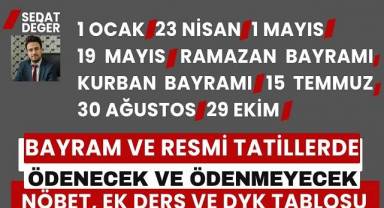 Yazarımız S. Değer'den: Bayram ve Resmi Tatillerde Ödenecek ve Ödenmeyecek Nöbet, Ek Ders ve DYK Tablosu